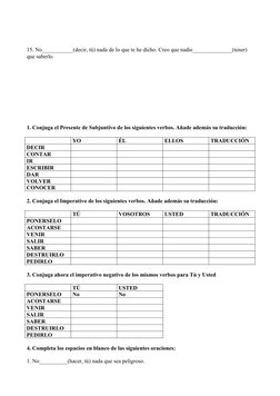 15. No___________(decir, tú) nada de lo que te he dicho. Creo que nadie______________(tener) 
que saberlo.
1. Conjuga el Pres
