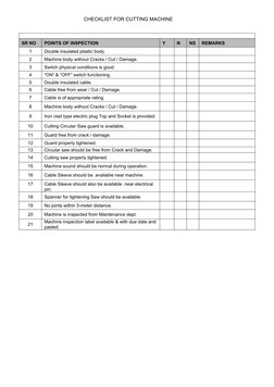 Rail Cutting Machine Checklist.pdf Cutting Machine Safety Checklist | PDF