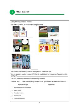 3 
Activity 1#  4 Four Pictures   1 Word 
Look at the 4 pictures, tell what word is being presented.  
1.          
 
 
  
__