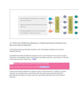 10. What Is the Difference Between a Feedforward Neural Network and 
Recurrent Neural Network?
In this deep learning intervie