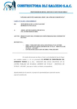 PROVEDOOR DE BIENES, SERVICIOS Y EJECUTOR DE OBRAS
“AÑO DEL BICENTENARIO DEL PERÚ: 200 AÑOS DE INDEPENCIA”
CARTA N° 03-2021 /