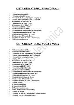  
LISTA DE MATERIAL PARA O VOL.1 
 
 
1 Placa de Arduino UNO; 
 
1 Protoboard de 830 pinos; 
 
1 Conjunto de fios jumpers