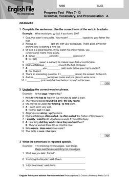 Progress Test Files 7 - 12 Grammar, Vocabulary, and Pronunciation A ...