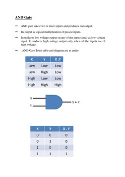AND Gate 
– AND gate takes two or more inputs and produces one output. 
– Its output is logical multiplication of passed inpu