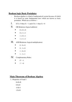 Boolean logic Basic Postulates 
– 
Boolean algebra is a kind of mathematical system because of which 
it is based on some f