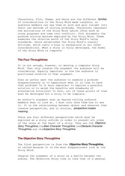 Characters, Plot, Theme, and Genre are the different families 
of considerations in the Story Mind made tangible, so 
audie