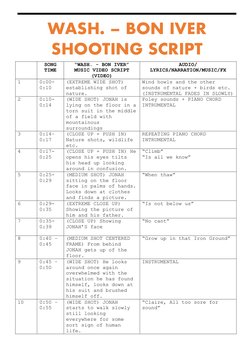 SONG 
TIME 
“WASH. - BON IVER” 
MUSIC VIDEO SCRIPT 
(VIDEO) 
AUDIO/ 
LYRICS/NARRATION/MUSIC/FX 
1 
0:00-
0:10 
(EXTREME WID