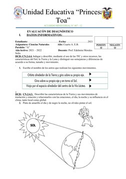 Unidad Educativa “Princesa
Toa”
ACUERDO MINISTERIAL N° 407 - 12
                EVALUACÓN DE DIAGNÓSTICO 
I.
DATOS INFORMATIV
