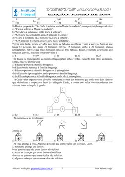 a) 100
81
b) 81
100
c) 121
100
d) 144
121
e) 121
144
8) Dada a proposição: “Se Carla é solteira, então Maria é estudante”, um