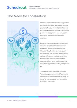 Solution Brief
2Checkout Payment Method Coverage
www.2checkout.com (http://www.2checkout.com) 
3
The Need for Localization
Us