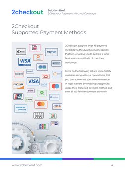 Solution Brief
2Checkout Payment Method Coverage
www.2checkout.com (http://www.2checkout.com) 
4
2Checkout  
Supported Paymen