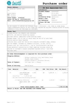 PO Not Approved Yet
 Purchase order
Vendor Address:
A. ABUNAYYAN TRADING CORP.
321
 
Saudi Arabia
Tel: 4779111
Fax: 4793312
V