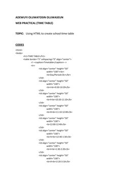 ADEWUYI OLUWATOSIN OLUWASEUN
WEB PRACTICAL (TIME TABLE)
TOPIC:   Using HTML to create school time table
CODES
<html>
<body>
<