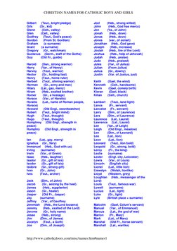 CHRISTIAN NAMES FOR CATHOLIC BOYS AND GIRLS 
http://www.catholicdoors.com/misc/names.htm#names1 
Gilbert      (Teut., bright
