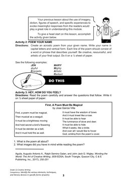 Your previous lesson about the use of imagery, 
diction, figures of speech, and specific experiences to 
evoke meaningful res