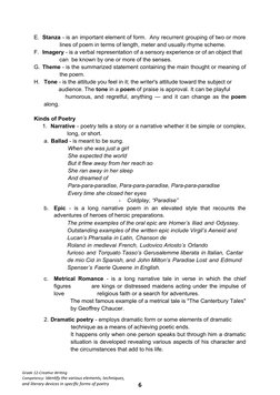 Grade 12-Creative Writing
Competency: Identify the various elements, techniques, 
and literary devices in specific forms of p