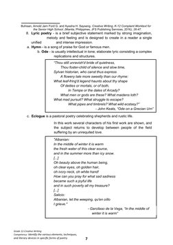 Grade 12-Creative Writing
Competency: Identify the various elements, techniques, 
and literary devices in specific forms of p