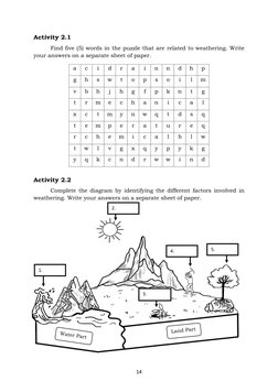14 
Activity 2.1  
Find five (5) words in the puzzle that are related to weathering. Write 
your answers on a separate shee