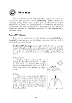11 
 
What is It 
 
 
Rocks are hard, compact, and solid. They continuously break into 
small pieces. This process is calle