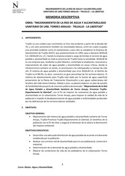 MEJORAMIENTO DE LA RED DE AGUA Y ALCANTARILLADO    
SANITARIO DE URB.TORRES ARAUJO – TRUJILLO – LA LIBERTAD 
1 
Curso: Abstec