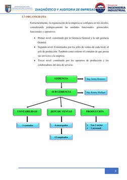 DIAGNÓSTICO Y AUDITORIA DE EMPRESAS 
 
 
8 
I.7. ORGANIGRAMA 
Estructuralmente, la organización de la empre