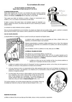 La aventura de creer
“Yo soy el camino, la verdad y la vida.
Nadie viene al Padre sino por mi” (Jn 14, 6)
LA REVELACION DE DI