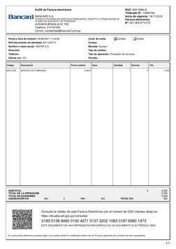 KuDE de Factura electrónica
BANCARD S.A.
OTRAS ACTIVIDADES DE SERVICIOS FINANCIEROS, EXCEPTO LA FINANCIACIÓN DE
PLANES DE SEG
