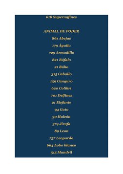 618 Supernafines 
 
ANIMAL DE PODER 
861 Abejas 
179 Águila 
729 Armadillo 
821 Búfalo 
21 Búho 
315 Caballo 
159 Canguro 
62