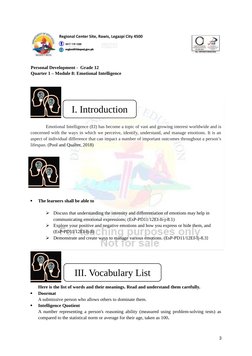 II. Objectives
Personal Development -  Grade 12
Quarter 1 – Module 8: Emotional Intelligence
Emotional Intelligence (EI) has