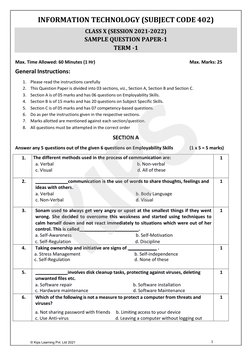 1 
CLASS X (SESSION 2021-2022) 
SAMPLE QUESTION PAPER-1 
TERM -1 
INFORMATION TECHNOLOGY (SUBJECT CODE 402) 
Max. Time Allowe