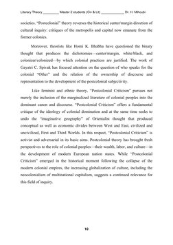 Literary Theory _________ Master 2 students (Civ & Lit) _____________ Dr. H. Mihoubi 
 
10 
 
societies. “Postcolonial” theor