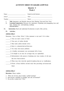 ACTIVITY SHEET IN GRADE 6 EPP/TLE
Quarter  2
Week 1
Name: ____________________________      Grade Level & Section: __________