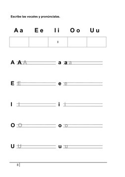 8  
 
Escribe las vocales y pronúncialas. 
 
  A a       E e     I i   O o    U u  
 
 
 
 
I 
 
 
 
 
A  A A 
  
 
  a  a a