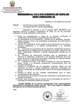 MEMORANDUM Nro. 243-A-2020-IX MACREPOL AQP-REGPOL AQP-
DIVOPS-COMRUSECMOL-RH
Mollendo, 01 de Setiembre del 2020
SEÑOR 
: S3 P