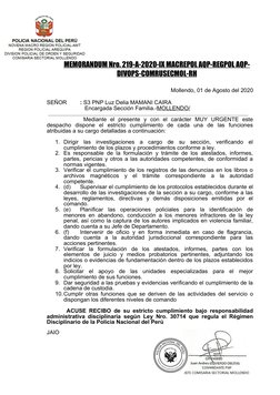 MEMORANDUM Nro. 219-A-2020-IX MACREPOL AQP-REGPOL AQP-
DIVOPS-COMRUSECMOL-RH
Mollendo, 01 de Agosto del 2020
SEÑOR 
: S3 PNP