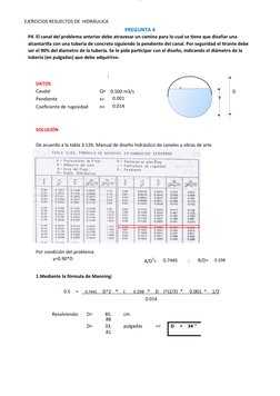lOMoARcPSD|10218913
EJERCICIOS RESUELTOS DE HIDRÁULICA
y
PREGUNTA 4
P4. El canal del problema anterior debe atravesar un cami