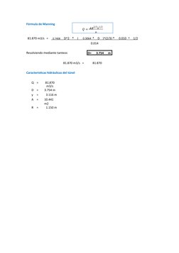 𝐴𝑅2/3𝑠1/2
𝑄 =
𝑛
Fórmula de Manning
81.870 m3/s =
      0.7408
 
      
  D^2  
 
      *      
  (       
 
 0.3064
 
  