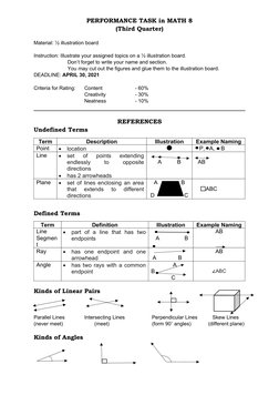 PERFORMANCE TASK in MATH 8
(Third Quarter)
Material: ½ illustration board
Instruction: Illustrate your assigned topics on a ½