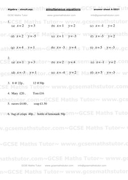 Algebra – simult.eqs.              simultaneous equations                  answer sheet A-SE01 
  
GCSE Maths Tutor