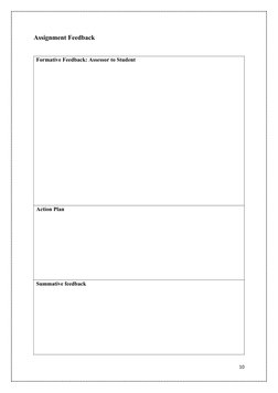 Assignment Feedback
Formative Feedback: Assessor to Student
Action Plan
Summative feedback
10
