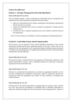 Tasks to be addressed
Section A - Strategic Management and Leadership Report
Task 1 (LO1 and AC1.1,1.2,1.3)
You are required