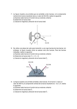 7. La figura muestra una armella que es sometida a dos fuerzas, si la componente 
vertical de la fuerza resultante tien