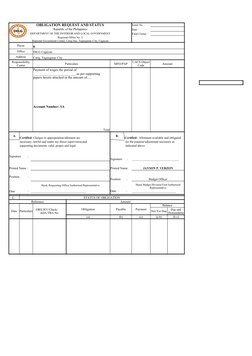 OBLIGATION REQUEST AND STATUS
Serial No. :
Republic of the Philippines
Date : 
DEPARTMENT OF THE INTERIOR AND LOCAL GOVERNMEN
