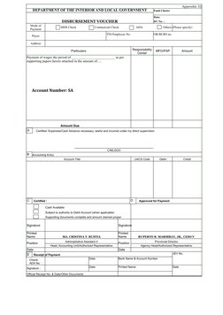 Appendix 32
DEPARTMENT OF THE INTERIOR AND LOCAL GOVERNMENT
Fund Cluster
Date:
DISBURSEMENT VOUCHER
DV No. :
MDS Check