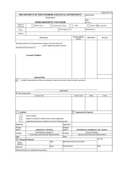 Appendix 32
DEPARTMENT OF THE INTERIOR AND LOCAL GOVERNMENT
Fund Cluster
Entity Name
Date:
DISBURSEMENT VOUCHER
DV No. :
MDS