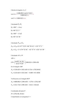 Cálculos de ángulos A y C
cot A=¿ (1288.893)(sin52° 8
'20
' ')
(1900.922)¿¿
¿
cot C=¿(1900.922)¿¿¿
Calculando θ1 yθ2
θ1=180°−