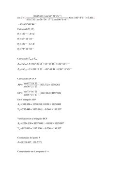 cot C=¿
(1047.663)(sin 56° 21' 25' ')
(955.732)(sin 56°54' 17' ')(sin106°8' 0' ' )+cot (106° 8' 0' ')=5.461¿
→C=49° 48' 44' '