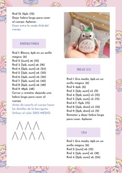 Rnd 1: Blanco, 6pb en un anillo
mágico. (6)
Rnd 2: [aum] x6. (12)
Rnd 3: [1pb, aum] x6. (18)
Rnd 4: [2pb, aum] x6. (24)
Rnd 5