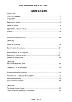 Escuela de Suboficiales de la PNP del Perú – Trujillo  
  
 
INDICE GENERAL 
UNIDAD 1 
Lógica proposicional ……………………………………………