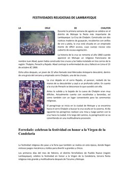 FESTIVIDADES RELIGIOSAS DE LAMBAYEQUE
LA
 
CRUZ
 
DE
 
CHALPON
Durante la primera semana de agosto se celebra en el
distrito